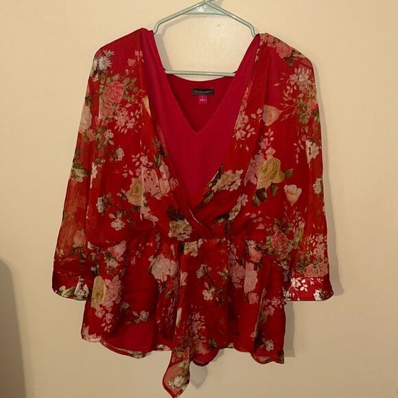 Vince Camuto floral boho blood red top - Picture 1 of 6